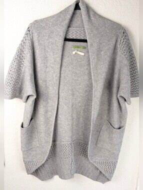 Velvet 100% Cashmere Draped Cardigan M Short Sleeve Gray Crochet Details Soft